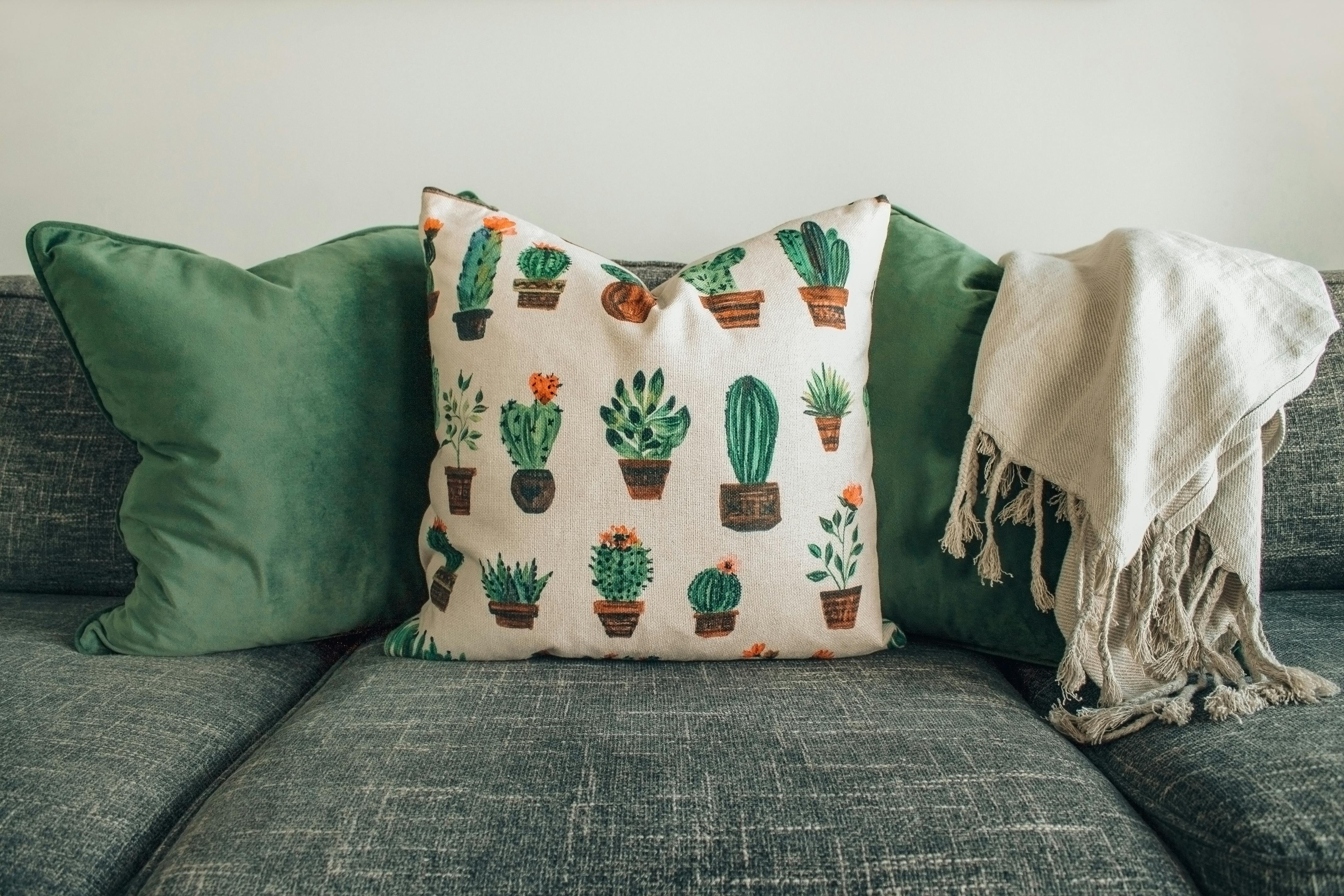 Cushion covers arranged on sofa